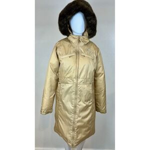 Vintage Y2K Baby Phat Gold Long Coat Faux Fur Hood Leopard Print Womens Sz M EUC